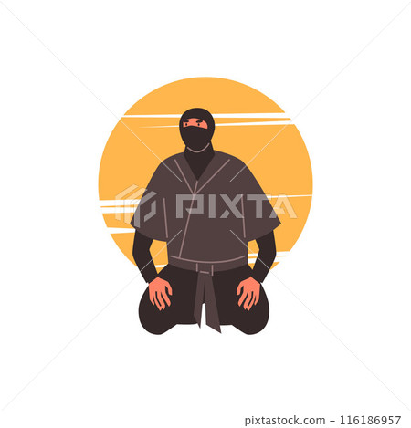 Ninja man warrior sitting on his knees on orange sunset vector, Japanese fighter, ninjutsu martial art training practice Ninja man warrior sitting on his knees on orange sunset vector, Japanese fighter, ninjutsu martial art training practice 116186957