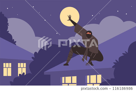Ninja man warrior sat down pose on the roof of a house at night moonlight vector, Japanese fighter, ninjutsu martial art Ninja man warrior sat down pose on the roof of a house at night moonlight vector, Japanese fighter, ninjutsu martial art 116186986
