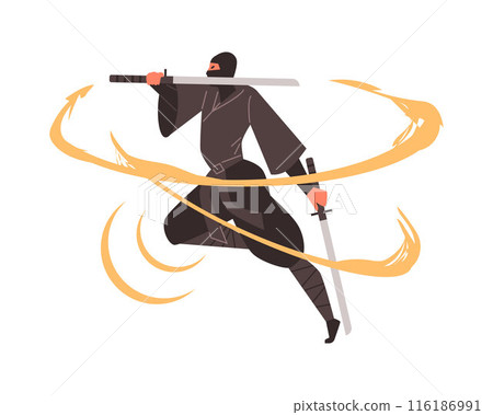 Dynamic ninja fighting vector image. Traditional warrior movement. Dynamic ninja fighting vector image. Traditional warrior movement. 116186991