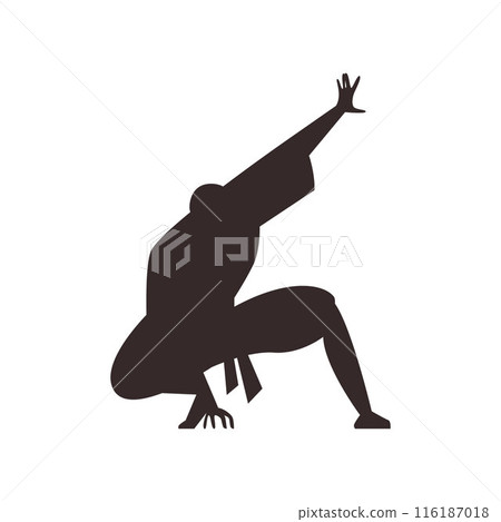 Vector illustration of a black ninja silhouette in a static pose after jumping Vector illustration of a black ninja silhouette in a static pose after jumping 116187018