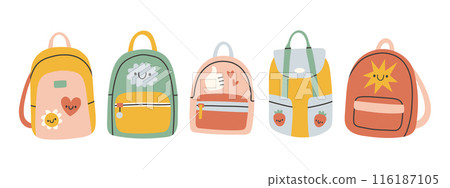 School backpacks and schoolbags set. Collection of various kids bags isolated on white. Different shapes.  116187105