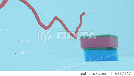 Image of financial data processing over kitchen sponges on blue background 116187147