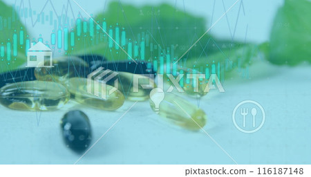 Image of financial data processing over pills on blue background 116187148