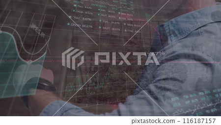 Image of data processing over caucasian man with smartwatch 116187157