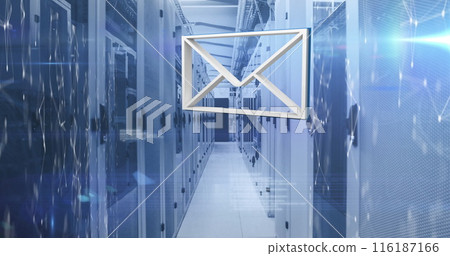 Large email icon hovers in server room, symbolizing digital communication 116187166