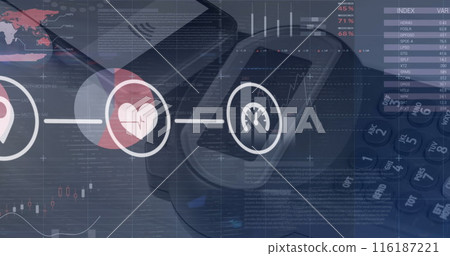 Image of connections with tech icons over diverse financial data and payment terminal 116187221