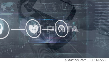 Image of connections with tech icons over diverse financial data and payment terminal Image of connections with tech icons over diverse financial data and payment terminal 116187222