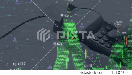 Image of connections with tech icons over diverse financial data and payment terminal 116187224
