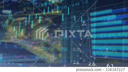 Image of connections with tech icons over diverse financial data and payment terminal Image of connections with tech icons over diverse financial data and payment terminal 116187227