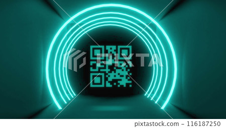 Image of flickering qr code over circle neon lights Image of flickering qr code over circle neon lights 116187250