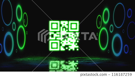 Image of flickering qr code over circle neon lights 116187259