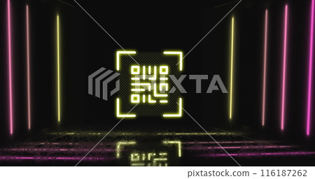 Image of neon qr code scanner and light trails against black background Image of neon qr code scanner and light trails against black background 116187262