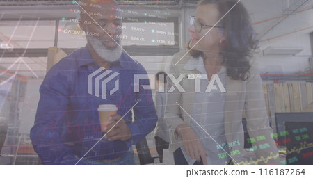Image of financial data processing and statistics over diverse business people 116187264