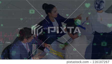 Image of network of connections with icons over diverse business people Image of network of connections with icons over diverse business people 116187267