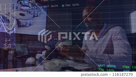 Image of financial data processing and statistics over african american businessman Image of financial data processing and statistics over african american businessman 116187270