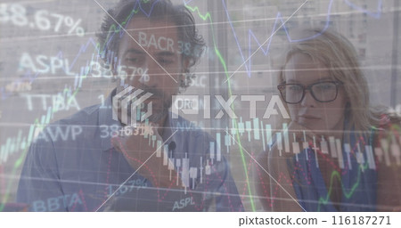 Image of financial data processing with statistics over diverse business people 116187271