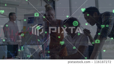 Image of network of connections with icons over diverse business people 116187272