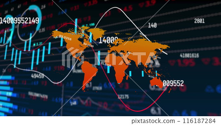 Image of graphs, trading board and increasing numbers over map against black background Image of graphs, trading board and increasing numbers over map against black background 116187284