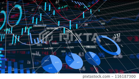 The image shows global finances and statistics being processed 116187300