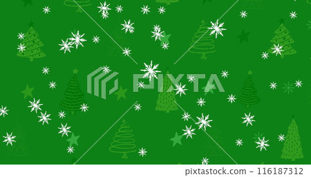 Image of snowflakes icons falling over multiple christmas tree icons against green background Image of snowflakes icons falling over multiple christmas tree icons against green background 116187312