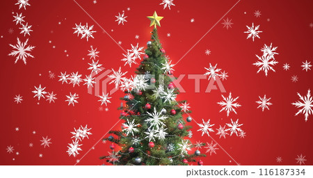 Image of snowflakes icons falling over decorated christmas tree against red background Image of snowflakes icons falling over decorated christmas tree against red background 116187334