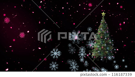 Image of snowflakes icons falling and pink shooting star over decorated christmas tree Image of snowflakes icons falling and pink shooting star over decorated christmas tree 116187339