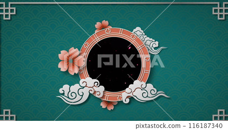 Image of shooting star over decorative round banner against green background 116187340