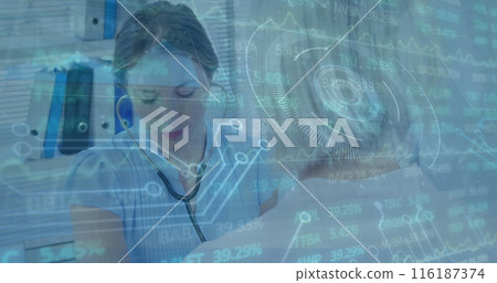 Image of financial data processing and scope scanning over diverse doctor and patient Image of financial data processing and scope scanning over diverse doctor and patient 116187374