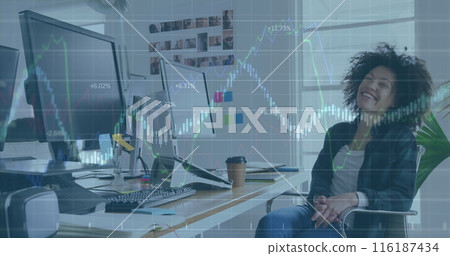 Image of financial data processing over businesswoman in office Image of financial data processing over businesswoman in office 116187434