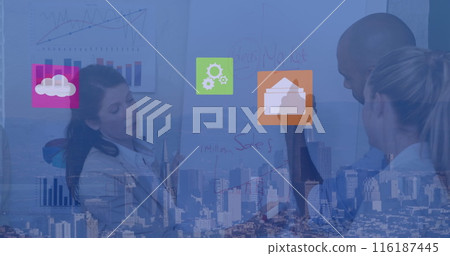Image of connections with icons and data processing over business people Image of connections with icons and data processing over business people 116187445