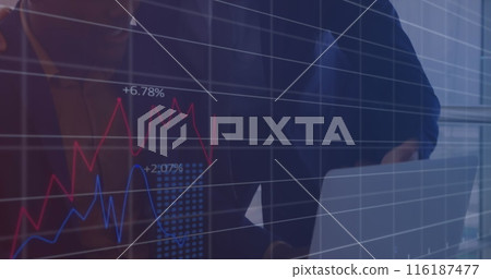 Image of graphs and numbers over diverse male coworkers discussing reports over laptop in office 116187477