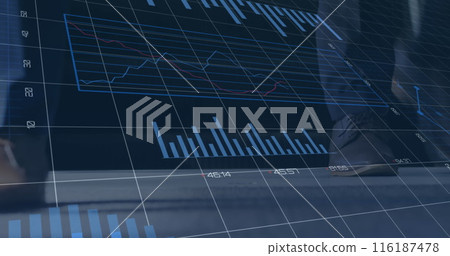 A computer-generated image of financial data and graphs being displayed on the feet of diverse busin 116187478