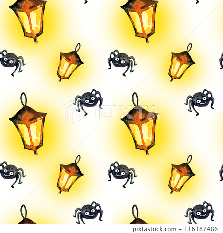 watercolor seamless pattern of Halloween theme with old flashlight, cute funny spider, hand drawn cartoon illustration of October event on white background, for postcard, greeting card 116187486