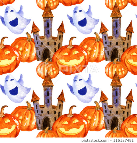 watercolor seamless pattern of Halloween theme with tower, cute cartoon pumpkins, funny ghosts, hand drawn illustration of October event isolated on white background, for postcard, greeting card 116187491