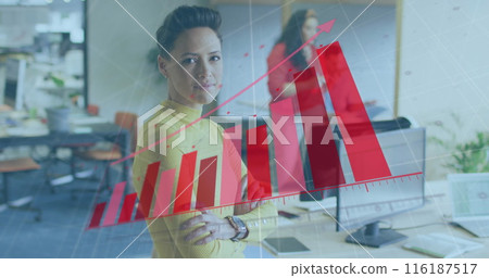 Image of financial data processing over biracial businesswoman working at office Image of financial data processing over biracial businesswoman working at office 116187517