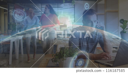 Image of globe and scope scanning over diverse business people working at office Image of globe and scope scanning over diverse business people working at office 116187585