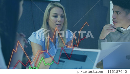 Image of financial data processing over diverse business people working in office Image of financial data processing over diverse business people working in office 116187640