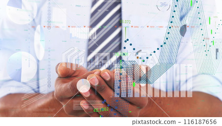 Image of financial data processing over african american businessman holding hands 116187656