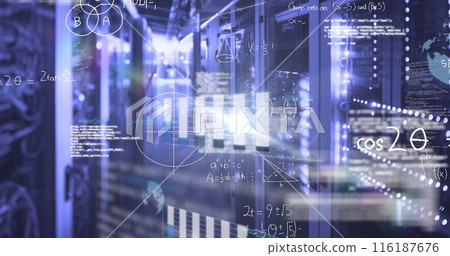 Image of mathematical equations, data processing and light spot against computer server room Image of mathematical equations, data processing and light spot against computer server room 116187676