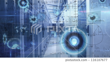 Image of round scanners, data processing and mathematical equations against computer server room Image of round scanners, data processing and mathematical equations against computer server room 116187677