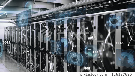 Image of changing numbers, round scanner and network of connections against server room Image of changing numbers, round scanner and network of connections against server room 116187680