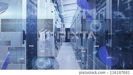 Image of changing numbers, round scanners and data processing against server room Image of changing numbers, round scanners and data processing against server room 116187681