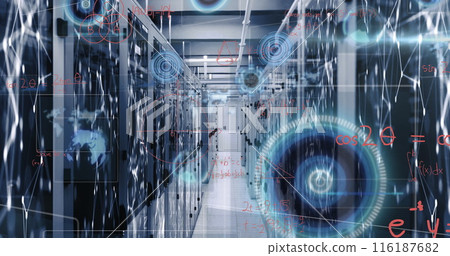 Image of round scanners and data processing against network of connections over server room Image of round scanners and data processing against network of connections over server room 116187682