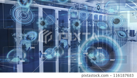 Image of changing numbers, round scanners and data processing against server room Image of changing numbers, round scanners and data processing against server room 116187683