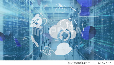 Image of globe of digital icons spinning and data processing against computer server room Image of globe of digital icons spinning and data processing against computer server room 116187686