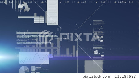 Image of screens with statistical data processing against light spot on blue background Image of screens with statistical data processing against light spot on blue background 116187688