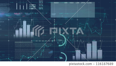 Image of statistical data processing over grid network against world map on blue background Image of statistical data processing over grid network against world map on blue background 116187689