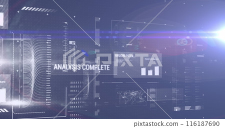 Image of interface with data processing against light spot on blue background 116187690