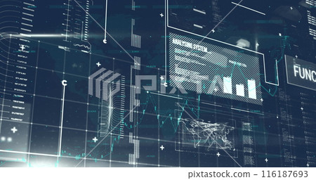 Image of data processing and shapes on blue background 116187693