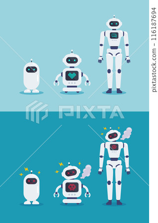 Collection of normal robots and crash broken error robots. 116187694